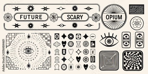 Cuadro en lienzo Retro futuristic icons and symbols collection black and white