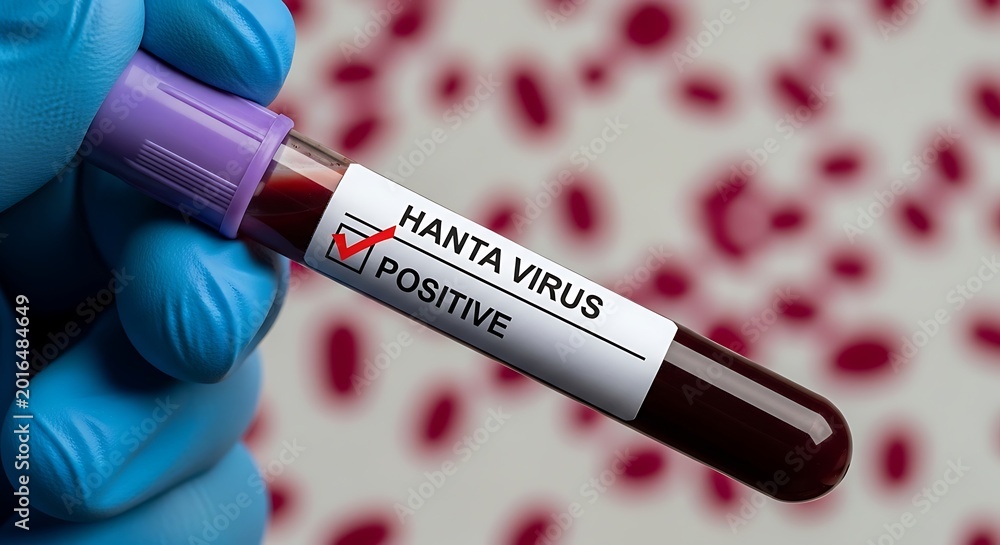 Obraz premium Hand in blue glove holding test tube with hanta virus positive label, sample