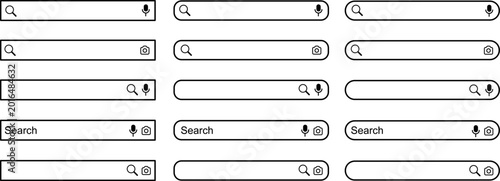 Modern search bar elements, various web browser input fields with search and voice icons, minimalist navigation bars for mobile and desktop website design