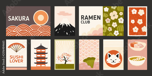 Japanese Style Retro Posters Collection Floral And Cultural Motifs