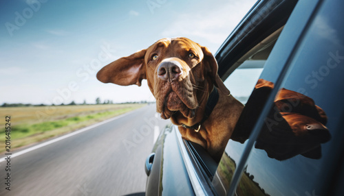 Mastiff dog hanging its head out the window of the car. AI
