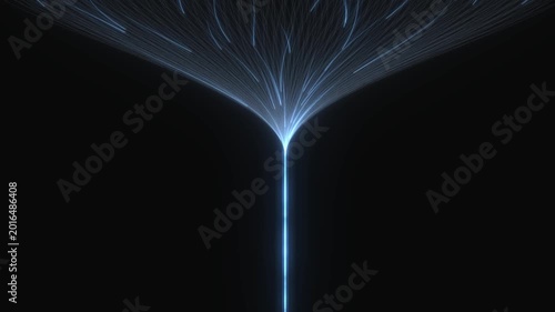Luminous blue fibers gathering into a centralized power beam on a black surface illustrating core connectivity and central processing for cloud computing industries