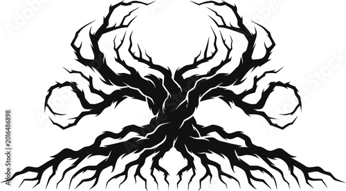Schilderij op canvas Twisted black tree silhouette on transparent background, spooky scary forest element, abstract gothic horror design, mystical nature illustration