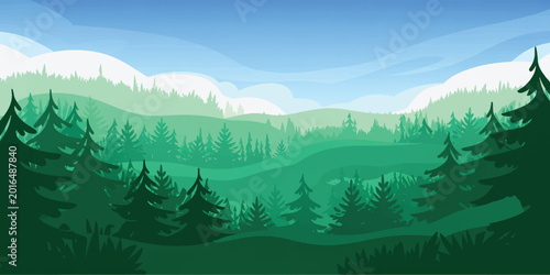 Foto Minimalist Mountain Forest Landscape With Layered Pine Trees, Rolling Green Hill