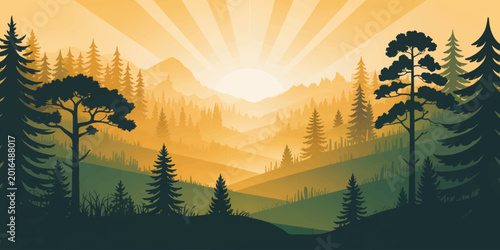 Photos Golden Sunrise Over Mountain Forest Landscape With Pine Trees, Layered Hills, an