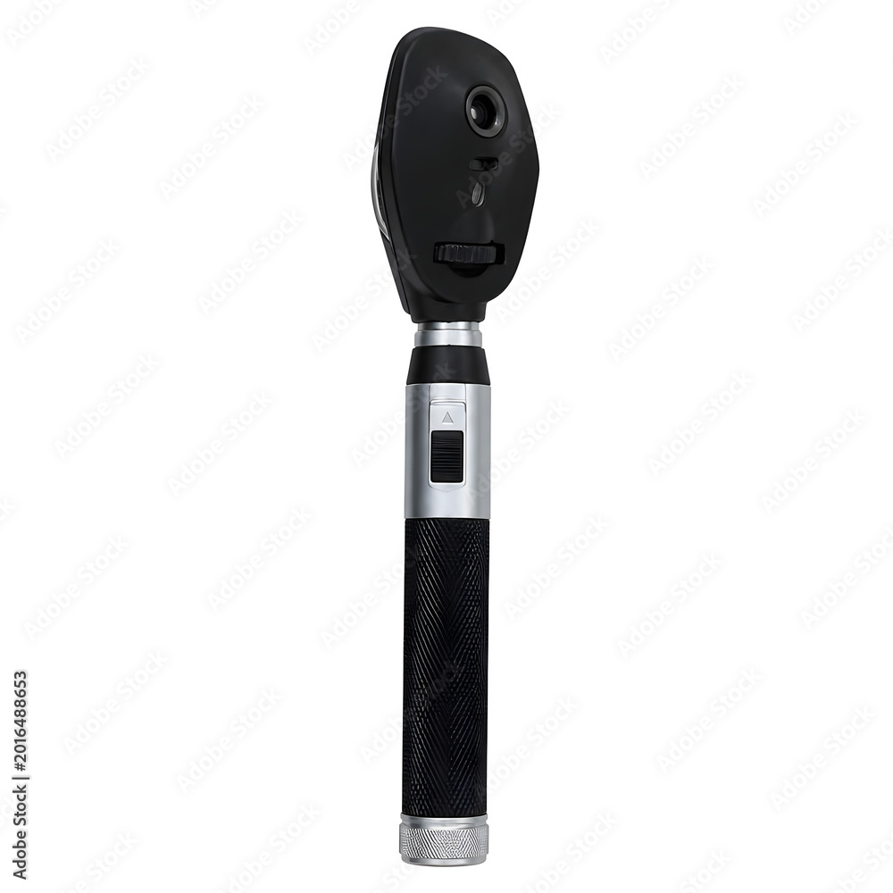 Naklejka premium A modern black and silver medical ophthalmoscope, an essential diagnostic instrument for ophthalmology and eye examinations, presented vertically on a transparent background.