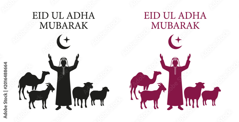 Obraz premium Eid Ul Adha Mubarak greeting with a man praying among sheep, goat, and camel for sacrifice.
