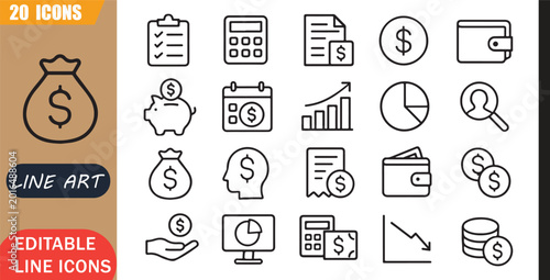 Quadro em tela Isolated budget savings icons set, 20 editable line art icons set, finance money