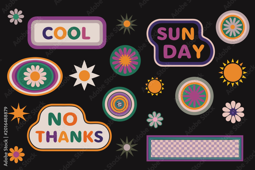 Naklejka premium Retro sticker collection with flowers suns and text on black background