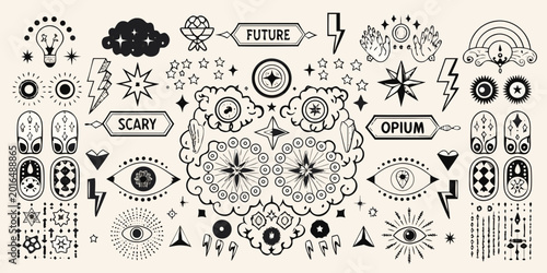 Fotografía retro futuristic illustrations and symbols collection hand drawn style