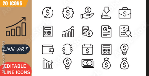 Schilderij op canvas Isolated cashflow finance icons set, 20 editable line art icons set, income expe
