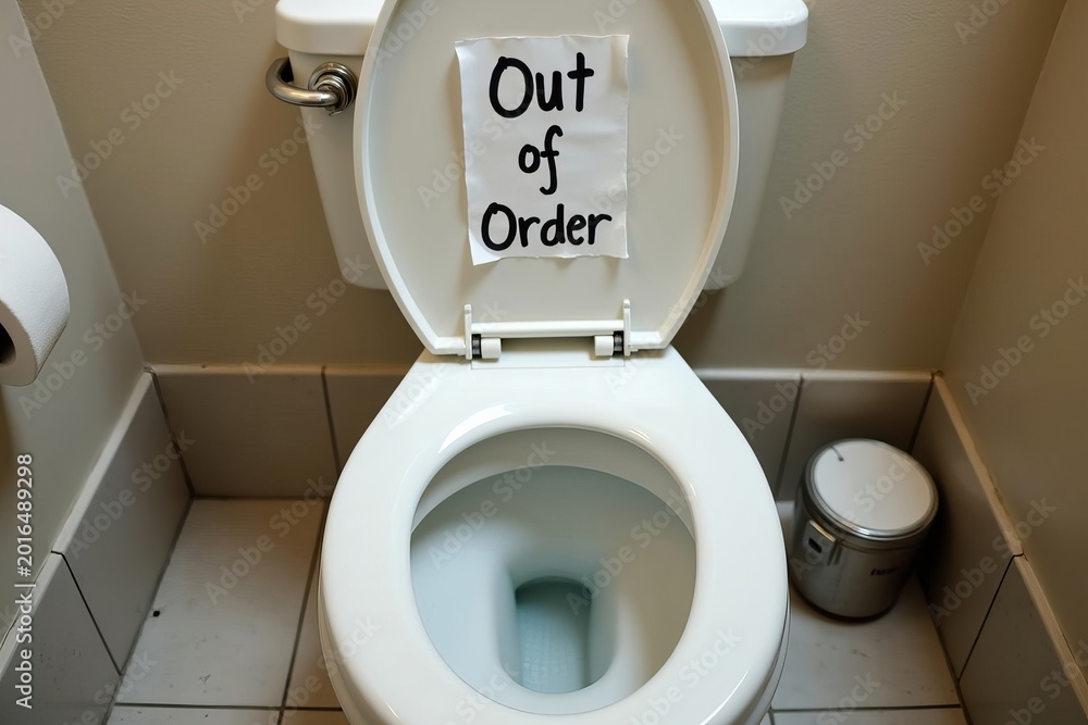 Fototapeta premium Out of Service Toilet Bowl with Torn Sign in Bathroom
