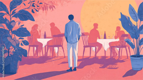 Man in blue shirt and white pants stands facing a restaurant setting with tables and chairs, surrounded by plants and a large sun in the background
