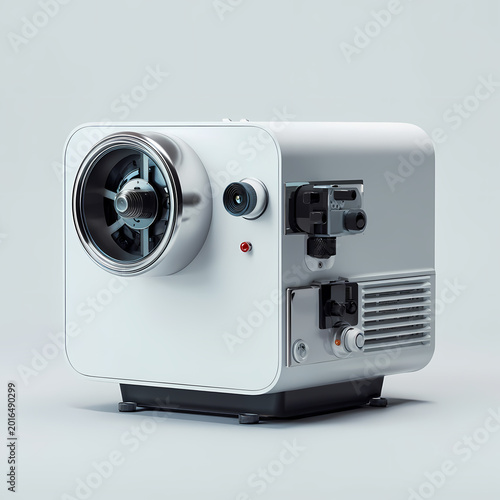digital video camera, modern movie projector, minimalistic product photography, isolated on white background