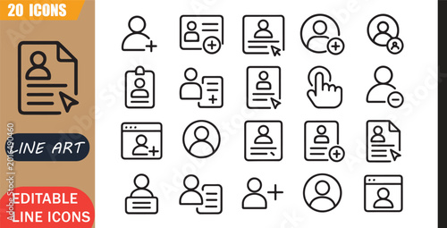 Photos Isolated signup register icons set, 20 editable line art icons set, account user