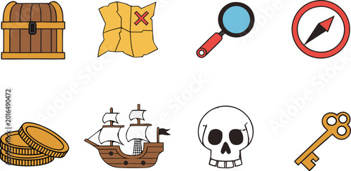Pirate treasure hunt icon set with nautical items.