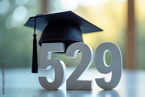 529 College Savings Plan Symbolized by Graduation Cap on Reflective Desk in Close-Up Photo