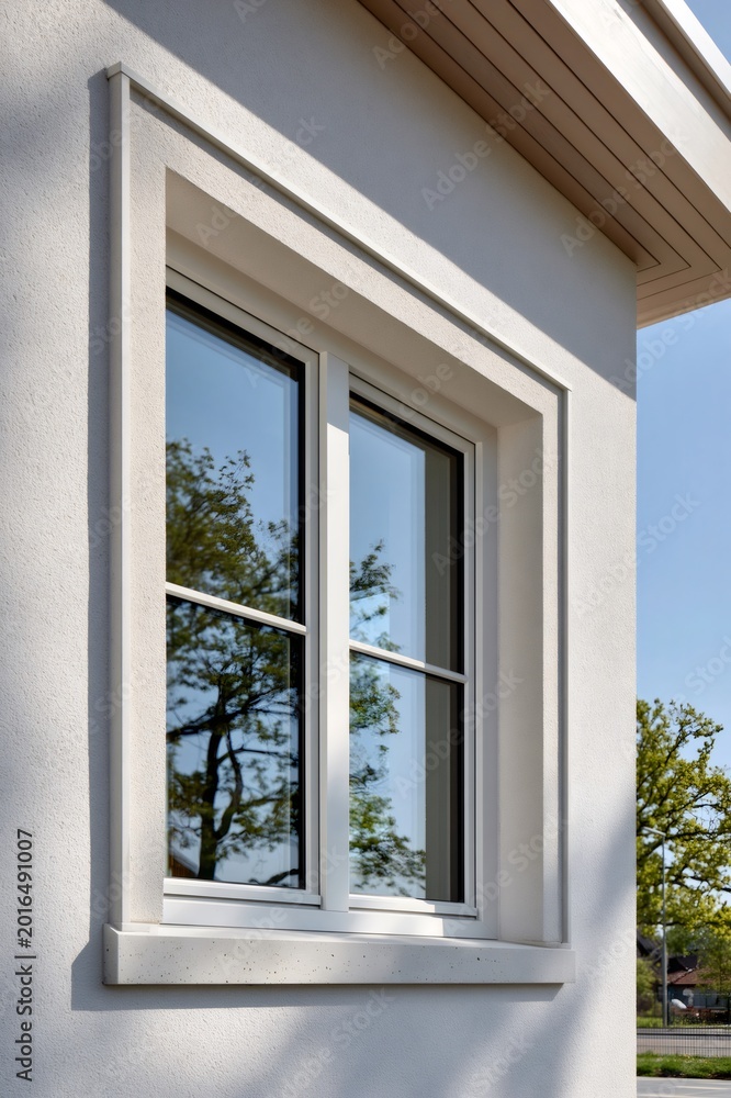 Fototapeta premium White building facade with framed window reflecting trees