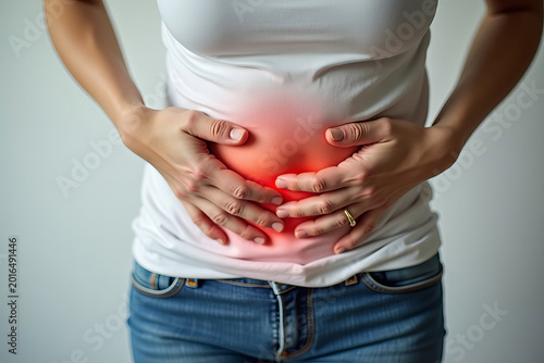 Desperate Woman Clutching Her Stomach in Agony from Severe PMS and Digestive Issues