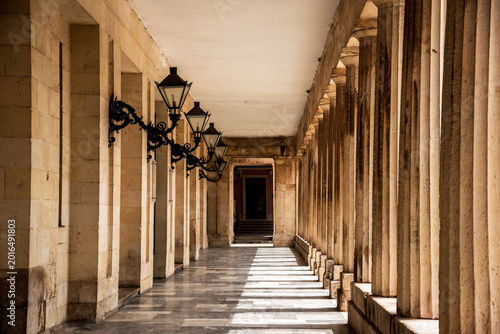 historic palace colonnade corridor in Corfu, Greece
