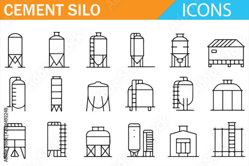 Foto Cement silo icons set with industrial storage tanks containers factory bins and
