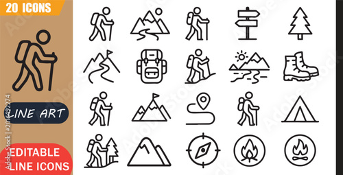 Fotografia Isolated hiking trekking icons set, 20 editable line art icons set, mountain out