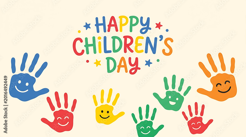 Fototapeta premium Happy children's day colorful handprints and text children's day 2026, happy children's day 2026, children day celebration