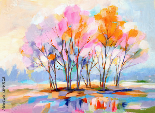 Spring blossom trees. Hand drawn oil painting