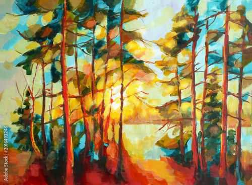 Sunset Pine forest. Oil painting on canvas. Nature, beautiful forest, golden light, sun light beam