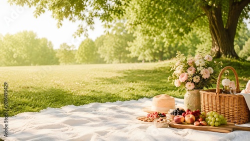 A delightful picnic setup on a bright, sunny day in a park, inviting relaxation and leisure. Includes food and drinks.