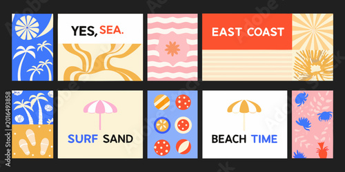 Tableau sur toile Beach themed illustrated card grid ten colorful vector designs