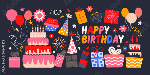 birthday celebration collage with cakes balloons and gifts