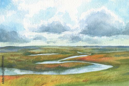 Panoramic view. Watercolor landscape illustration of a winding river in a green meadow under a cloudy sky. Hand painted nature background.