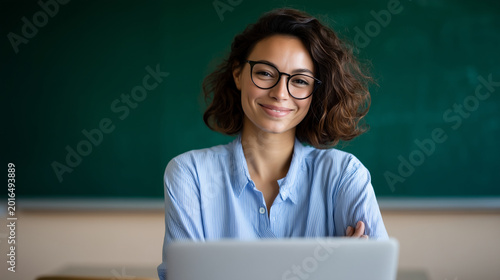 Smiling female teacher working on laptop in classroom, online education, tutoring and modern learning concept female teacher, teacher laptop, online education, classroom, tutoring,
