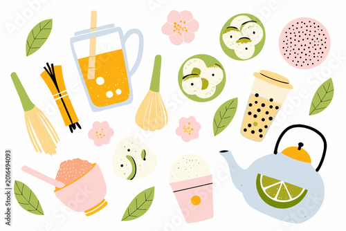 Kawaii matcha tea illustration set with leaves and desserts