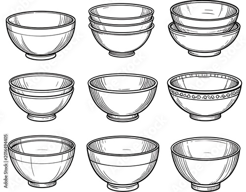 A set of nine ceramic bowls with various designs