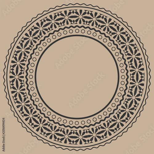 Round monochrome frame with a stylized floral pattern. Vector illustration
