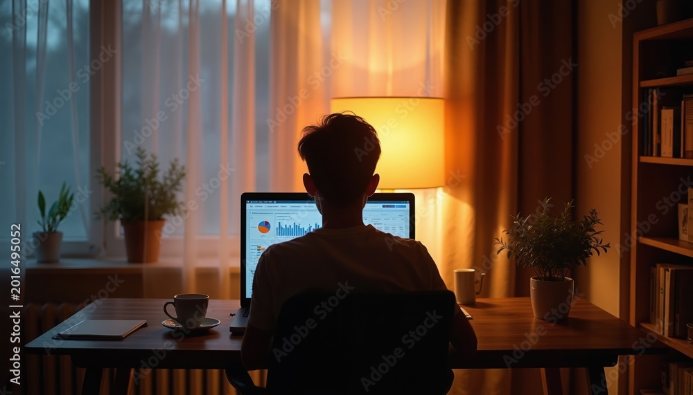 Fototapeta premium Man works on laptop at desk in home office. Person analyzes financial charts and graphs on computer screen. Warm lamp light illuminates workspace in evening.