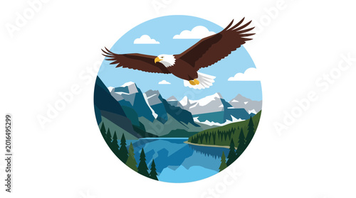 Bald Eagle Soaring Over Mountain Lake Landscape