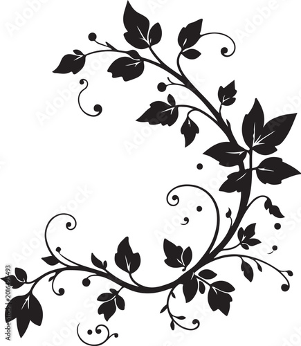 Elegant Black Floral Swirl Vector Ornament with Decorative Vine Leaves, Vintage Botanical Flourish Design Isolated on White Background
