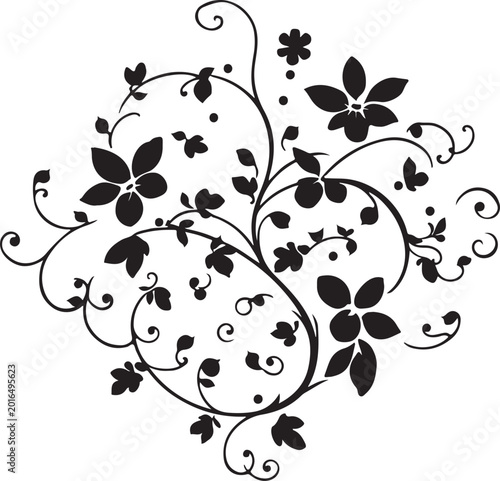 Elegant Black Floral Swirl Vector Ornament with Decorative Vine Leaves, Vintage Botanical Flourish Design Isolated on White Background
