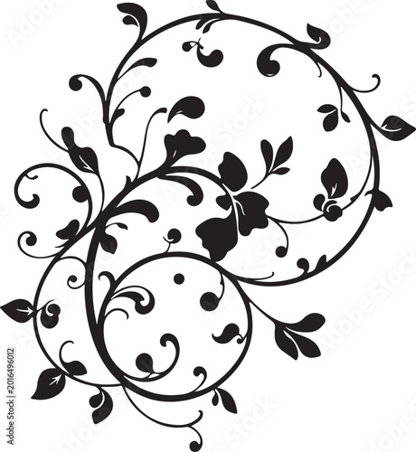 Elegant Black Floral Swirl Vector Ornament with Decorative Vine Leaves, Vintage Botanical Flourish Design Isolated on White Background
