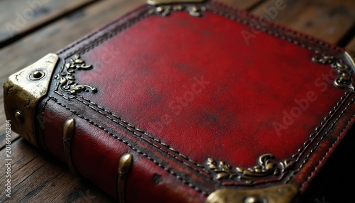 Antique leather book cover with red tone and ornate brass metal corners. Detailed texture and stitching creates old world charm for journals or special books. Perfect for fantasy or history projects.