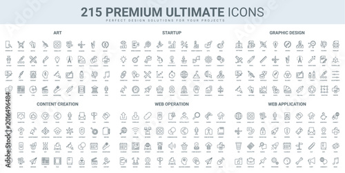 Creative art design, digital startup strategy thin black line icons set vector illustration. Outline symbols of success idea and puzzle solution, plan of project and investment, portfolio and tools