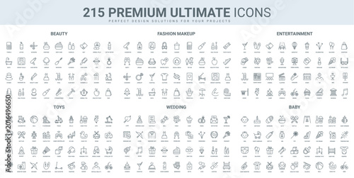Beauty salon, entertainment and wedding event, baby care thin black line icons set vector illustration. Outline symbols of cosmetics and fashion makeup products, bride and groom, kids toys and game