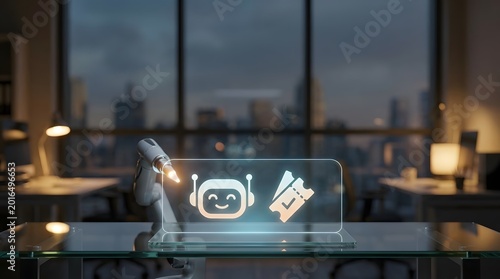 Modern office with digital robot and icons depicting events and ticketing