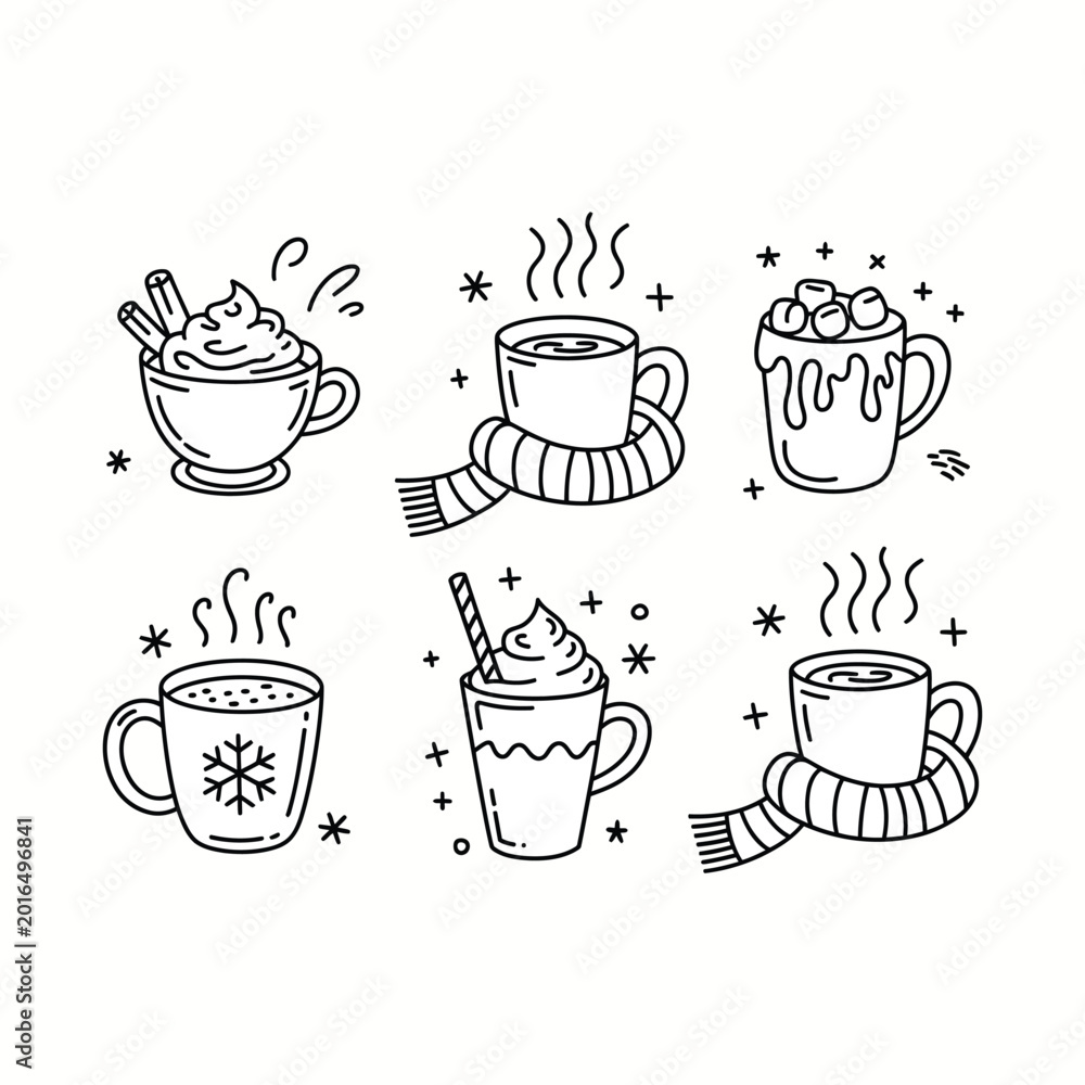 Obraz premium Hand- Drawn Winter Hot Drinks Collection Keywords: hot, drinks, winter, cozy, warm, beverages