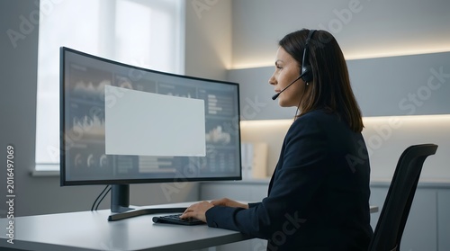 A businesswoman actively working at her desk while wearing a headset, engrossed in her work and interacting with her computer screen