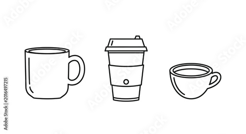 coffee cups and to go cup line drawings on white background