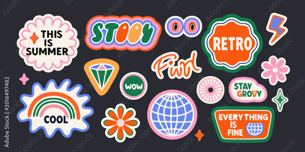 Fototapeta premium Retro sticker pack with groovy typography and y2k aesthetic